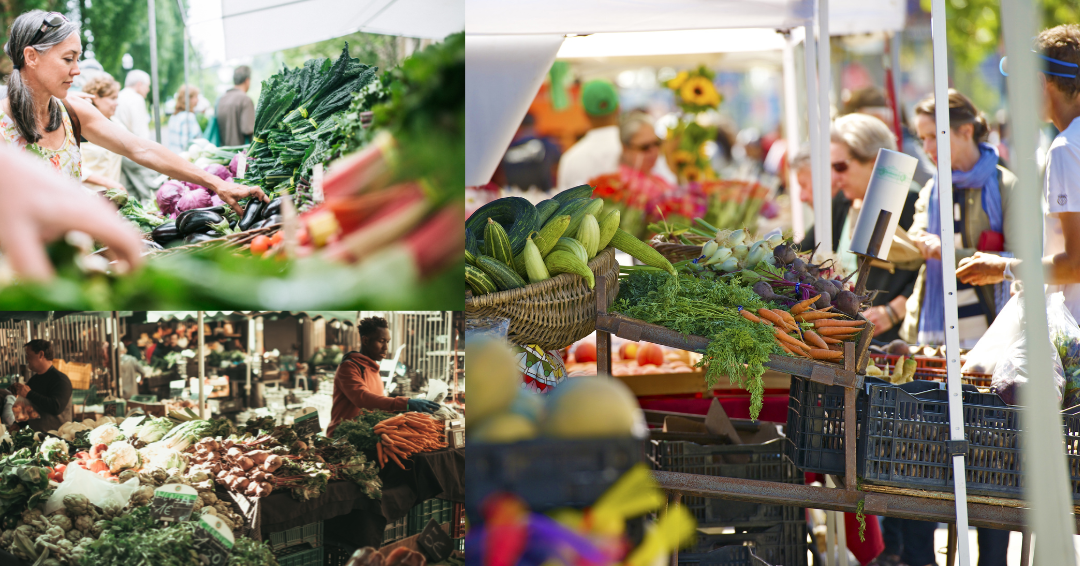 A collage of three images in which people shop for groceries at farmers' markets.
