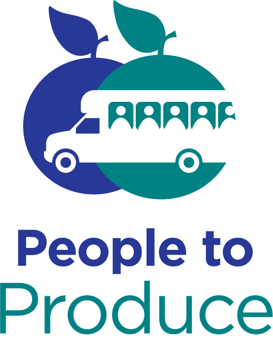 A logo image showing a bus full of people in front of two pieces of fruit with the text "People to Produce"