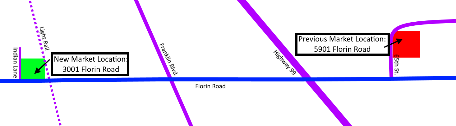 Map showing the Florin Farmers Market moving from the old Florin Sears parking lot to the Florin Light Rail Station